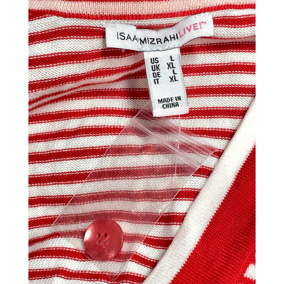 Isaac Mizrahi Sz L Long Duster Cardigan V-Neck Long Sleeve Red/White Stripe New - Picture 9 of 11